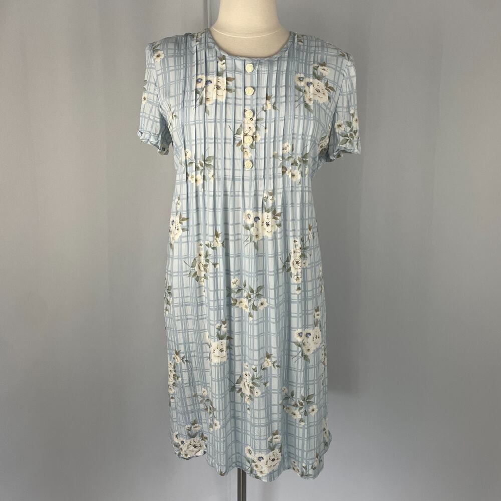 Vtg Midi Dress Size 18 Pastel Blue White Plaid Floral Cottage Garden Coquette